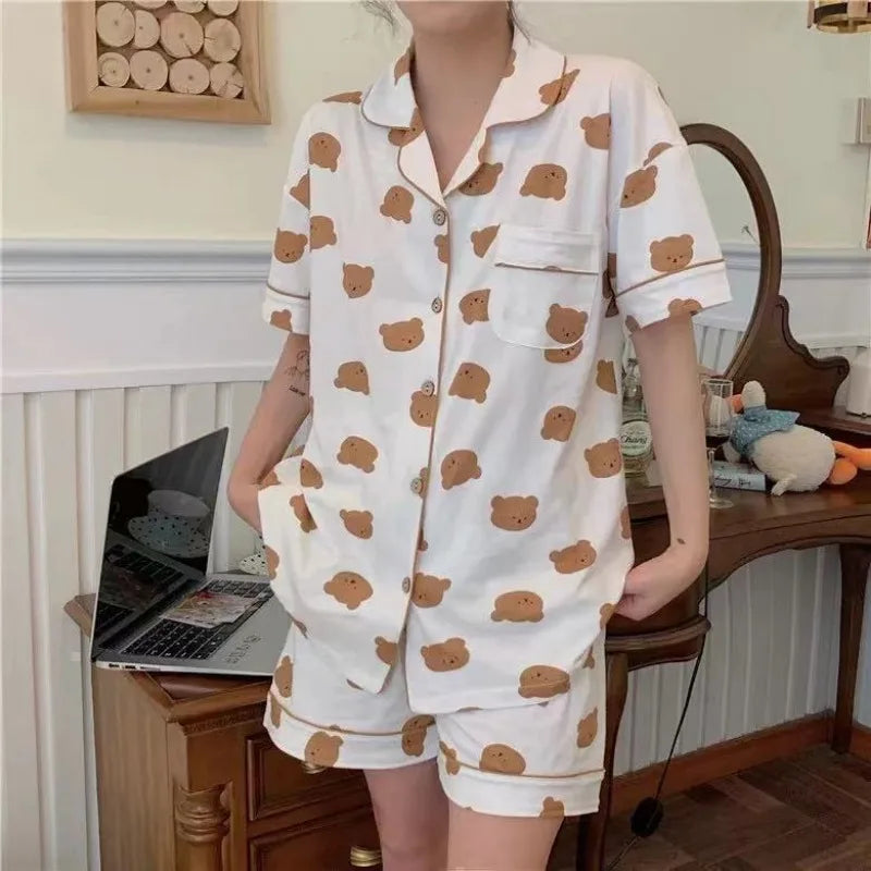 Pajamas Women Cartoon Cute Bear High Value Short Sleeve Loungewear Suit Cardigan Striped Sleepwear Large Plaid Ladies Nightwear