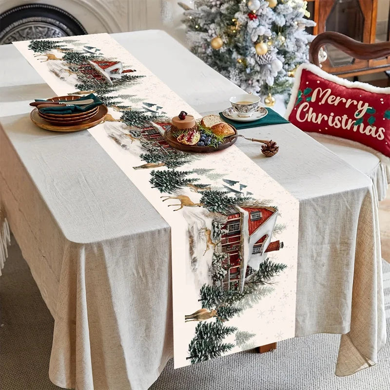 Christmas Table Runner 33×183cm, Winter Wonderland Snowman Linen Table Cover, Rustic Farmhouse Holiday Table Decor for Dining Room, Kitchen, Party & Home