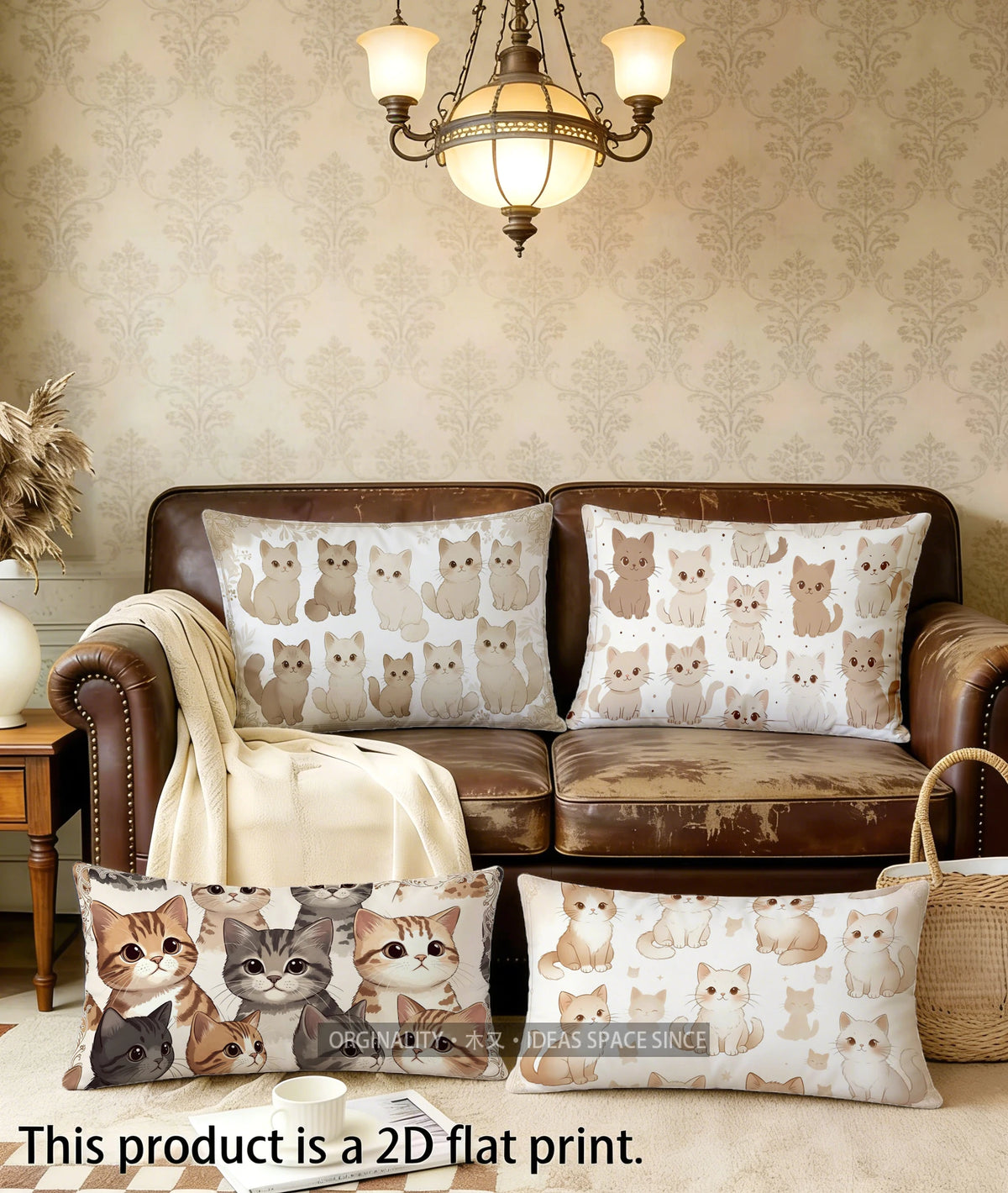 Cute Cat Pillow Cover, Rectangular Printed Polyester Peachskin Cushion Case, Single-Sided Cat Pattern Throw Pillowcase for Sofa, Bedroom, Bed, Car & Home Decor