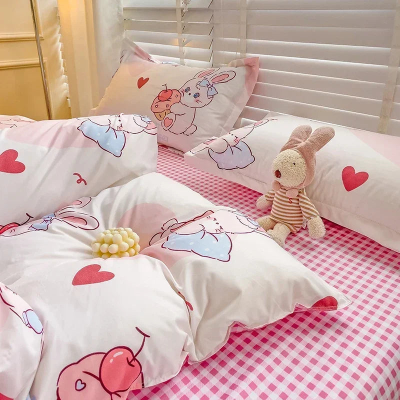 Cute Bunny Kids Bedding Set – Cartoon Printed Polyester Duvet Cover, Flat Sheet & Pillowcases, Breathable Queen & King Bed Set
