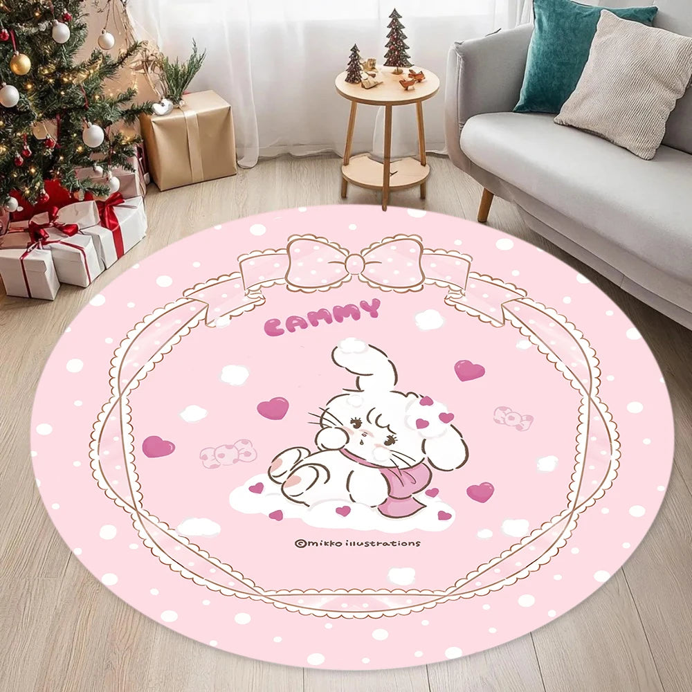 Round Pink Dot Cartoon Cat Rug, Cute Polyester Flannel Floor Mat with Non-Slip PP Backing, Modern Decorative Carpet for Living Room, Bedroom & Home Decor