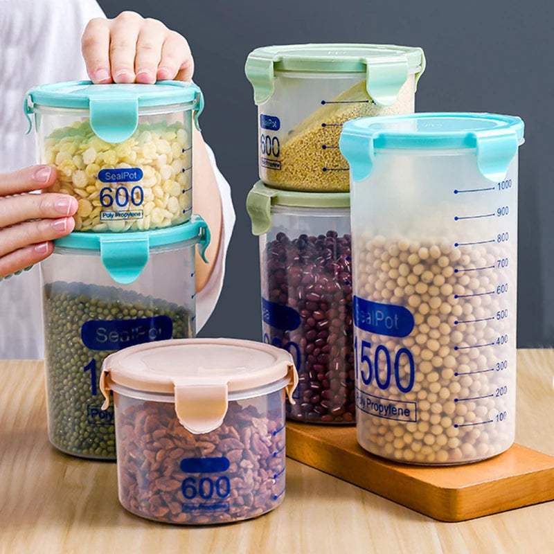 Kitchen Food Storage Canisters With Scale Multigrain Organizer Sealed Jar Plastic Moisture-Proof Can Air-Tight Storage Tank Set