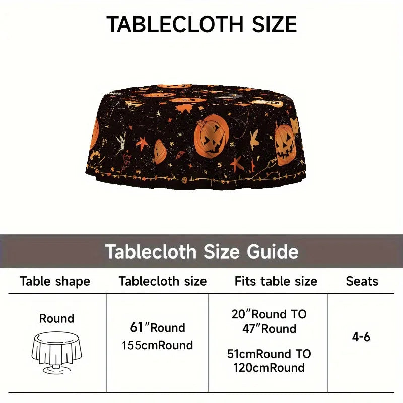 Halloween Round Tablecloth – 2D Printed Pumpkin & Bat Table Cover, Waterproof Polyester Table Decor for Kitchen, Dining Table & Party