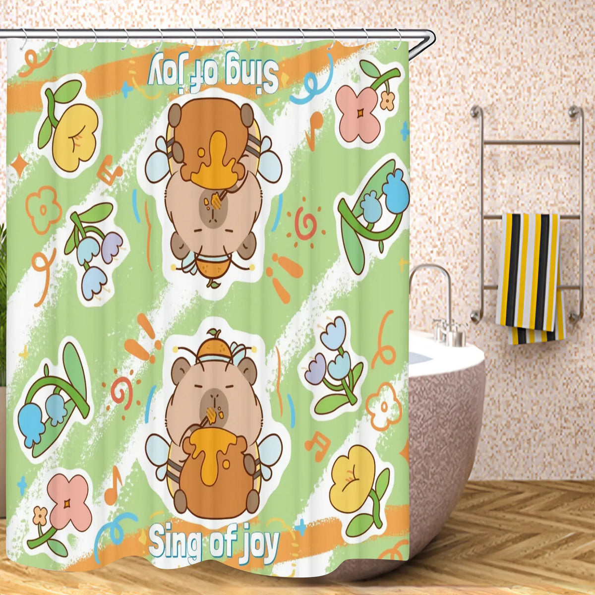 Cute Capybara Shower Curtain, Funny Cartoon Waterproof Bathroom Curtain with Plastic Hooks, 100% Polyester Mildew-Resistant Curtain for Modern Bathroom Decor