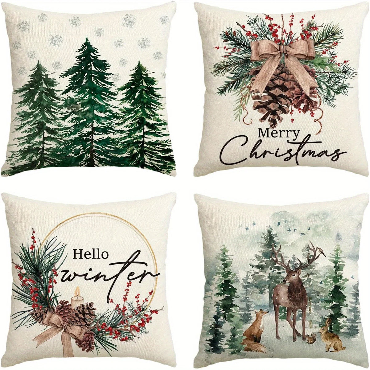 Christmas Cushion Cover, Winter-Themed Decorative Pillowcase with Festive Print, Polyester Peachskin Throw Pillow Cover for Sofa, Bedroom, Car & Home Decor