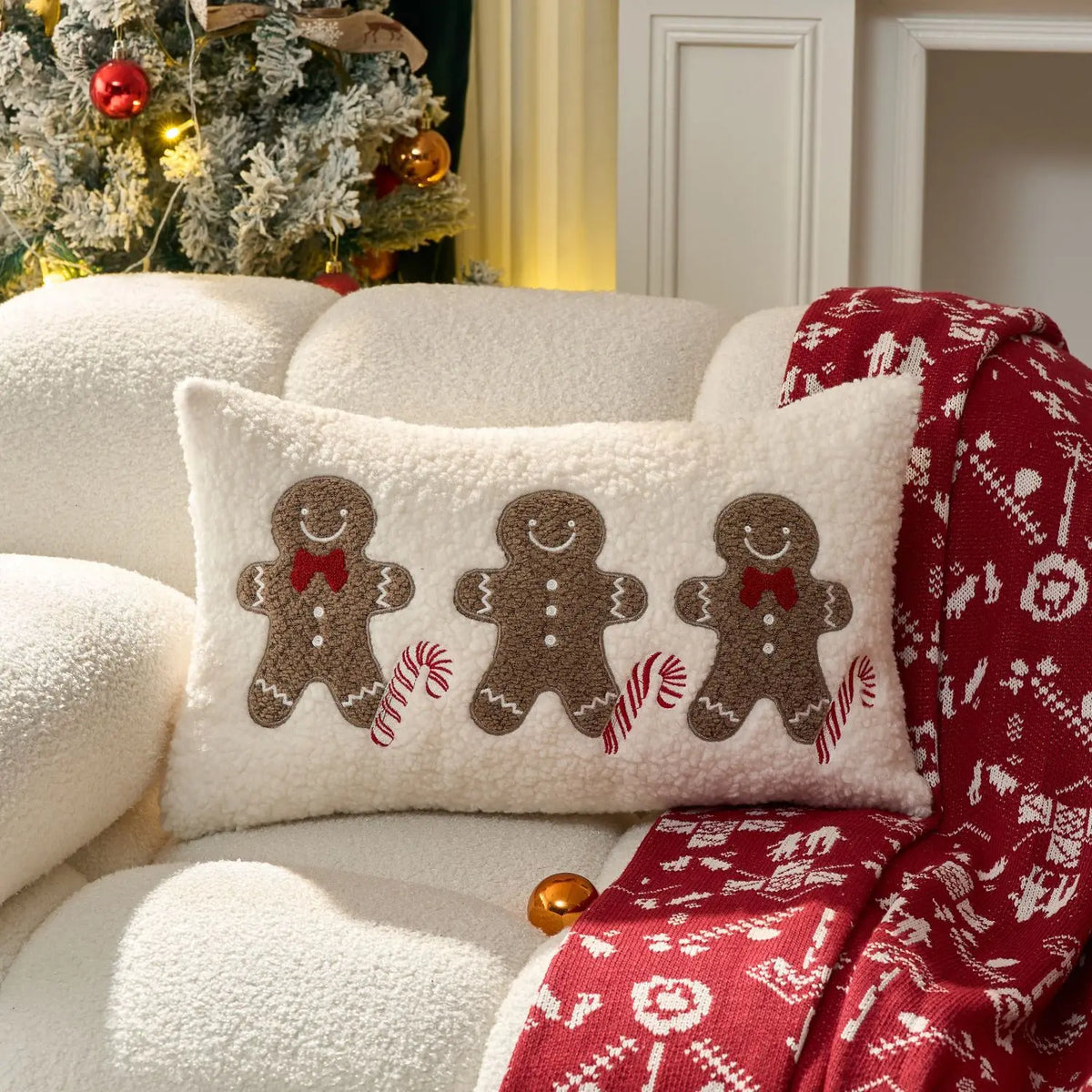 Christmas Embroidered Cushion Cover, Red “HO HO HO” Snowflake & Gingerbread Man Pillowcase, Festive Holiday Throw Pillow Cover for Sofa, Chair & Home Decor