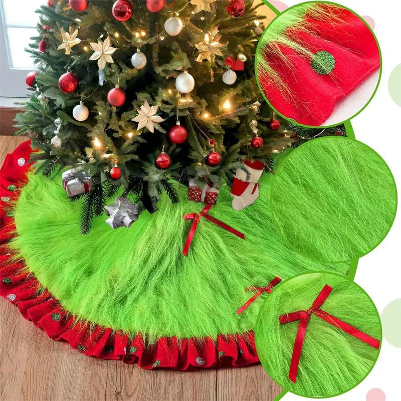 Christmas Tree Skirt 90–122cm, Red & Green Polka Dot Plush Tree Base Mat, Festive Christmas Tree Decoration for Home, Courtyard, Party & Holiday Decor