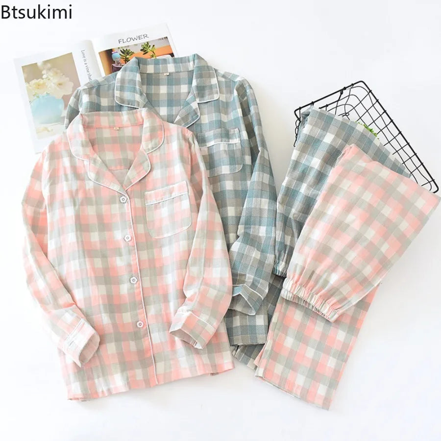 Couple's 100% Cotton Pajamas Two-piece Set Long Sleeved Pants Simple Plaid Print Pajamas Homewear Sleepwear for Women and Men