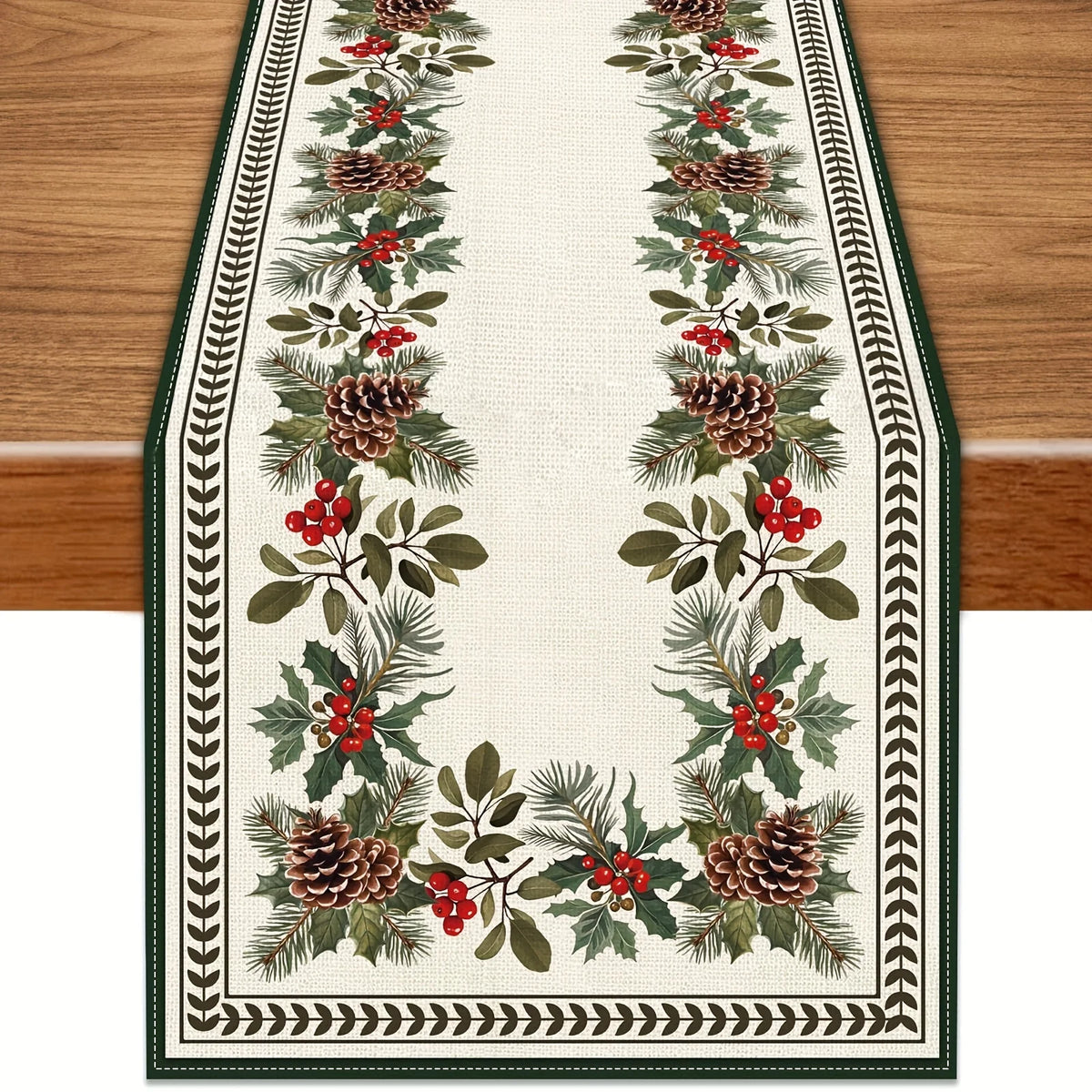 Farmhouse Rustic Christmas Table Runner, Green Pinecones & Red Berries with Gold Accents, 100% Linen Holiday Dining Table Decor for Indoor & Outdoor Use