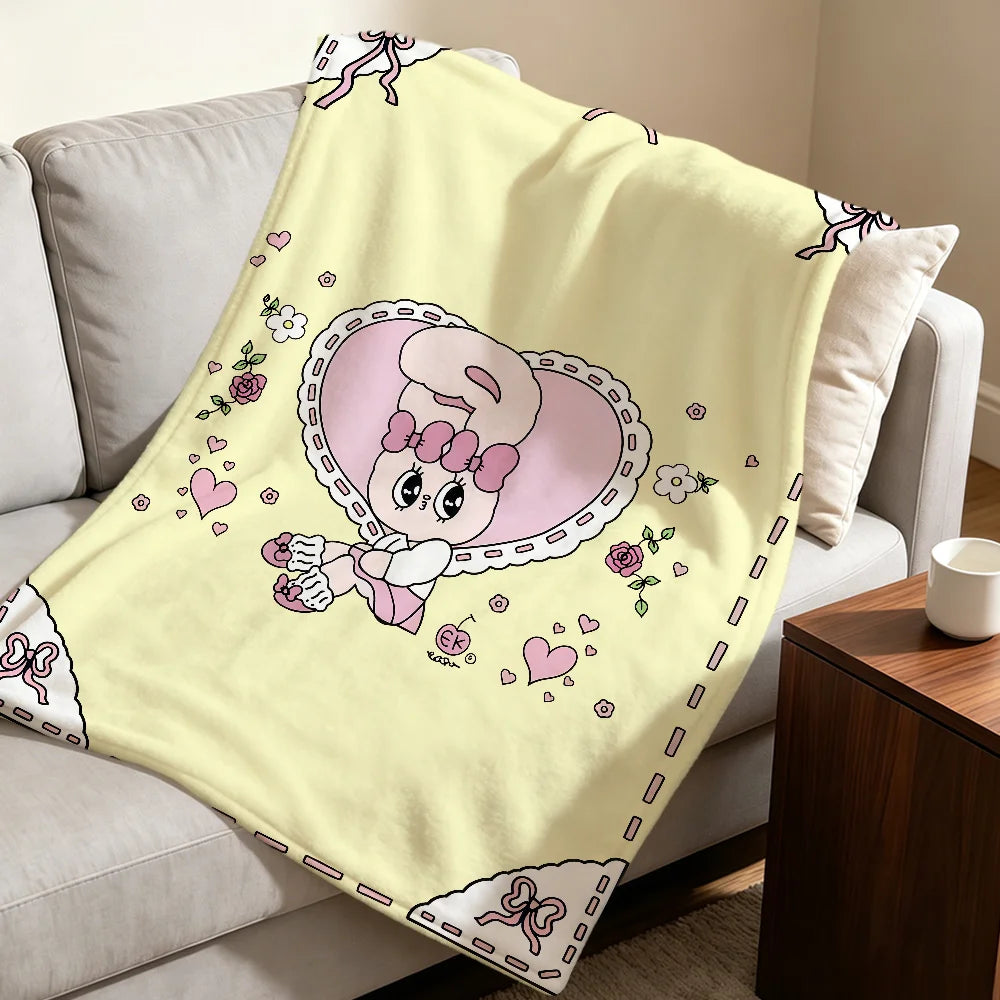 Kawaii Esther Bunny Plush Blanket – Cute Cartoon Rabbit Flannel Throw, Soft Printed Blanket for Sofa, Bed, Travel & Gifts