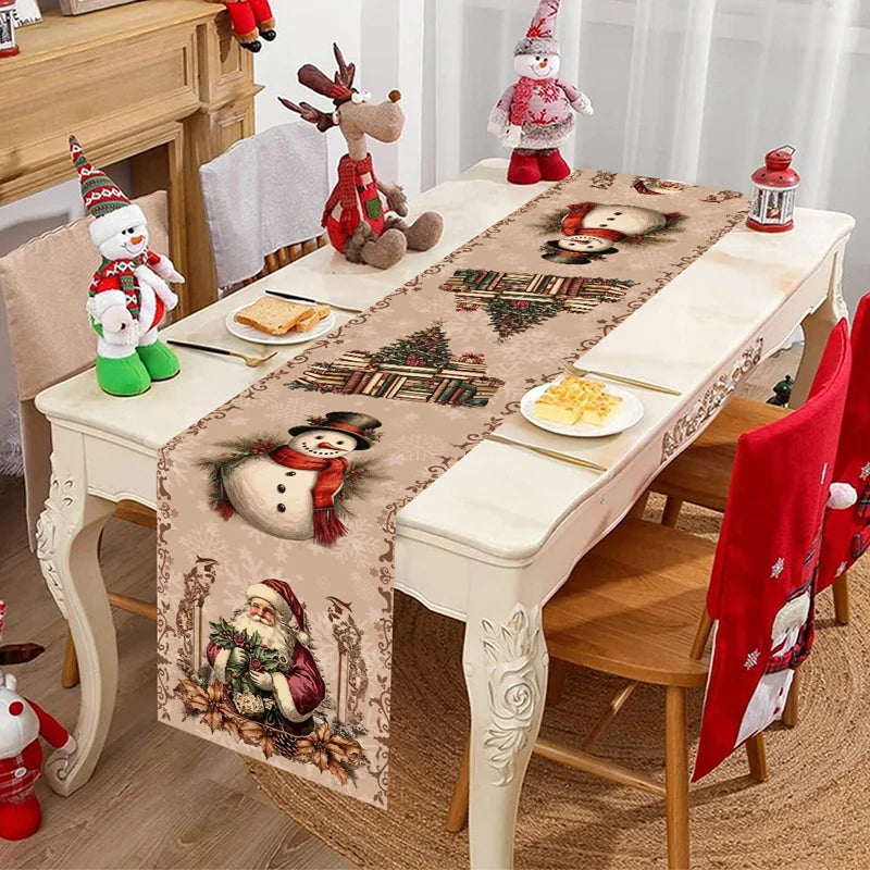 Christmas Table Runner 33×183cm, Winter Wonderland Snowman Linen Table Cover, Rustic Farmhouse Holiday Table Decor for Dining Room, Kitchen, Party & Home