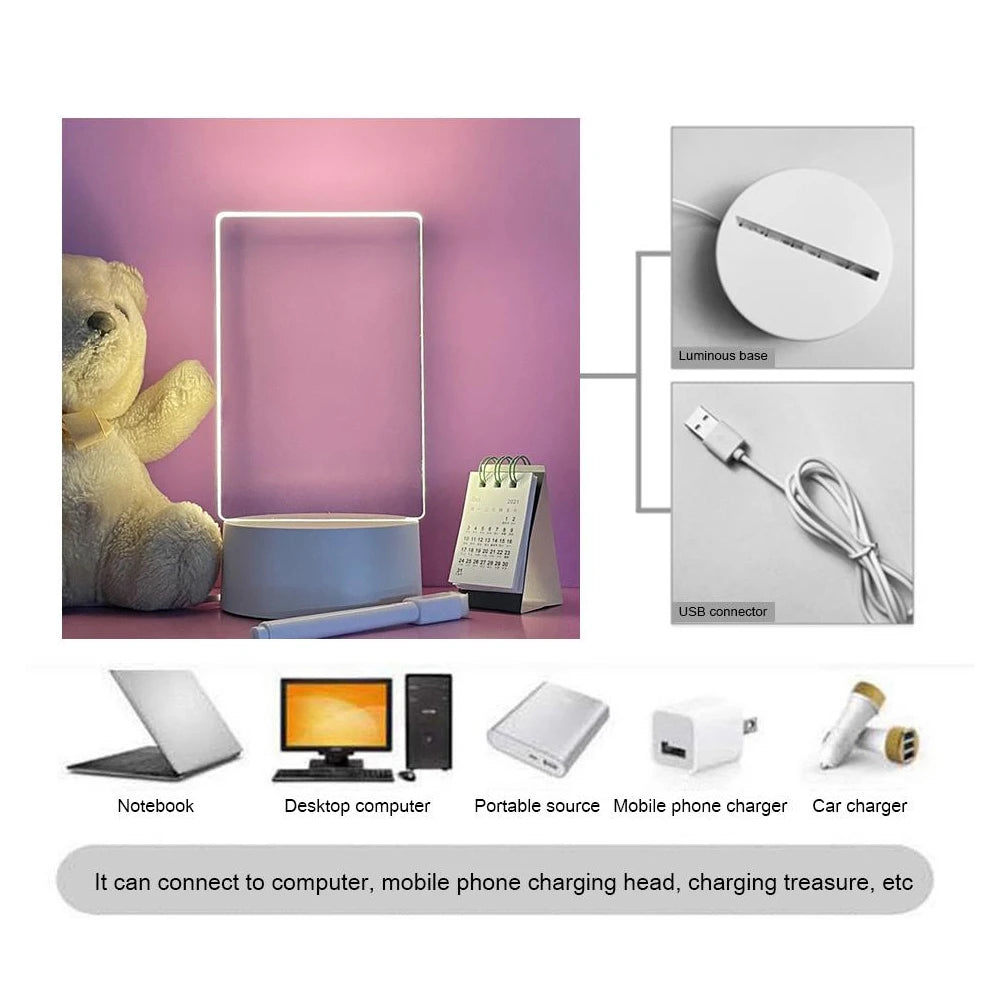 USB LED Acrylic Message Board Night Light, Erasable Memo Writing Lamp with Warm White Glow, Transparent Desktop Decor & Creative Gift for Bedroom, Office & Home