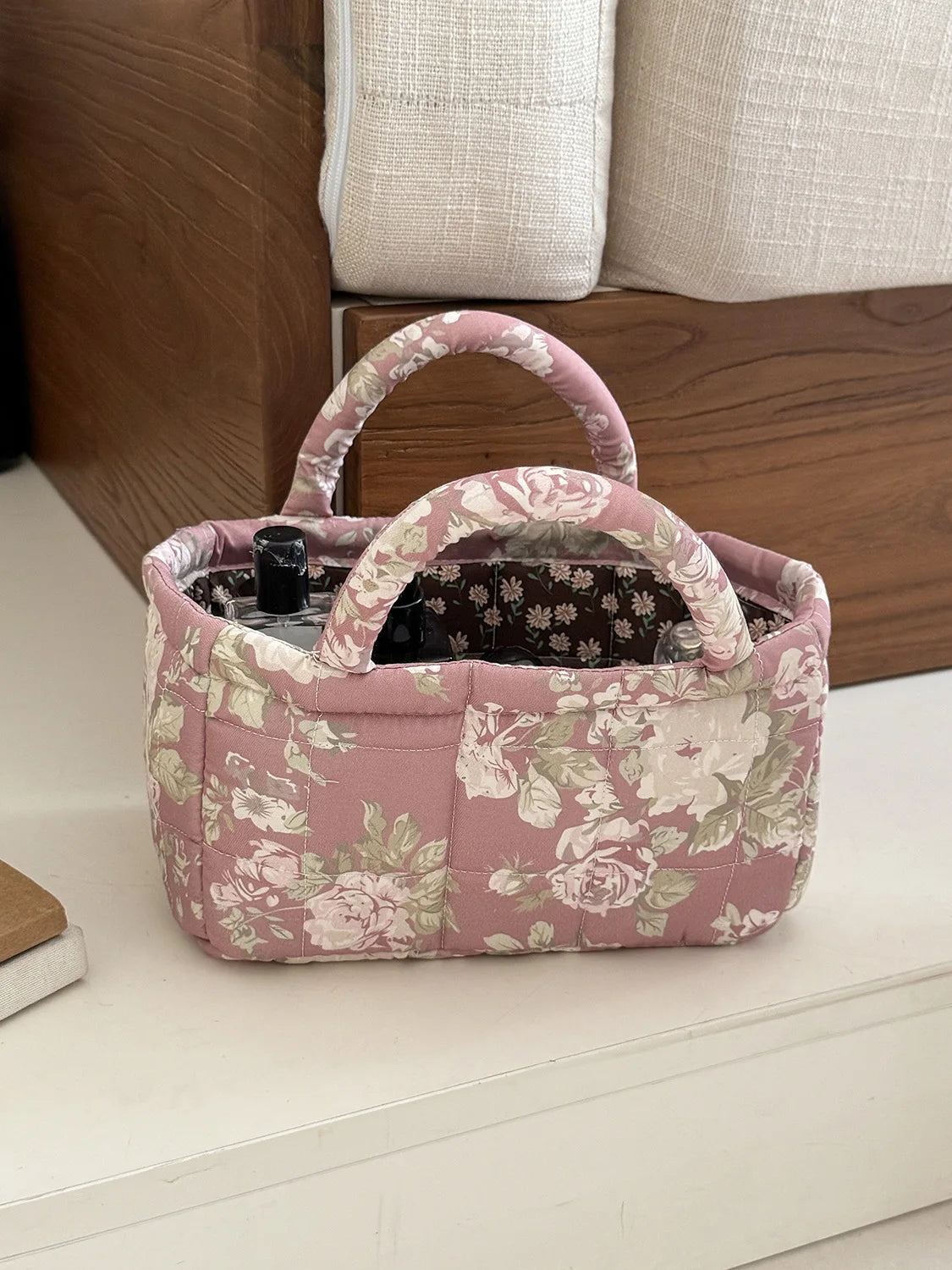 Desktop snack and miscellaneous items organizer basket, quilted fabric home storage basket, large garden series laundry basket