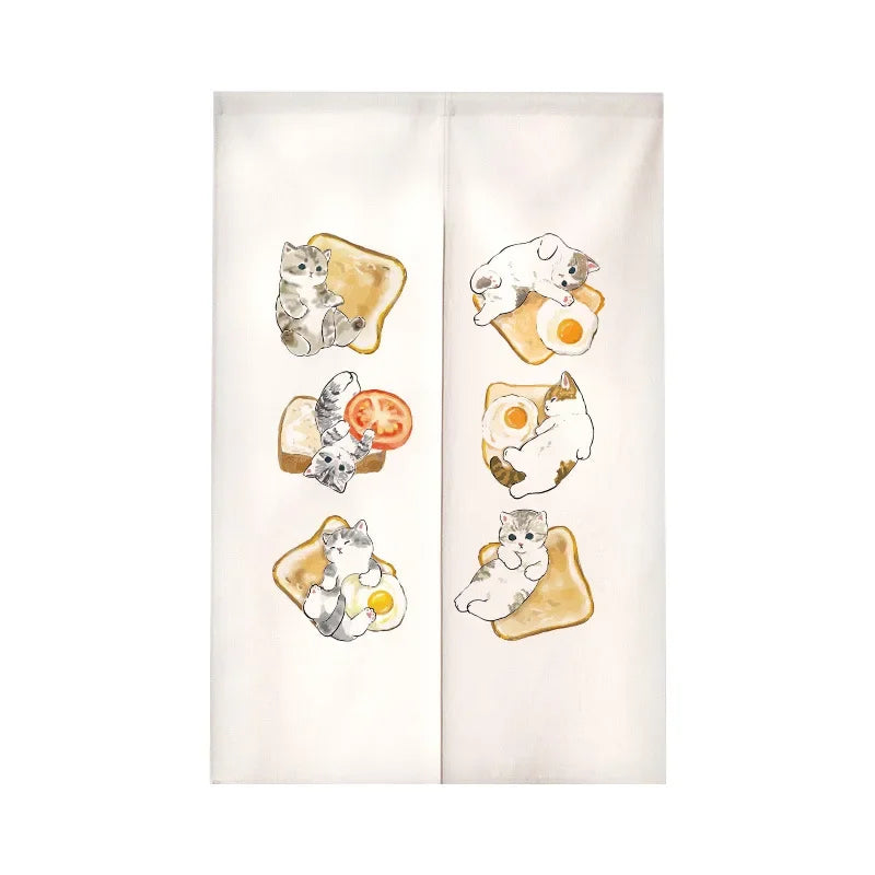 Funny Cat Japanese Noren Door Curtain, Cute Cartoon Hanging Half Curtain for Kitchen, Living Room & Restaurant, Polyester Room Divider for Doorway & Entrance Decor
