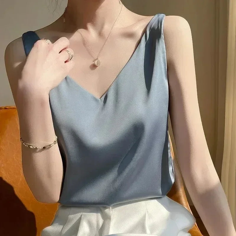Tank Tops for Women Sleeveless V Neck Satin Silk Camisole Fashion Summer Solid Loose Vest Ladies Tops Streetwear