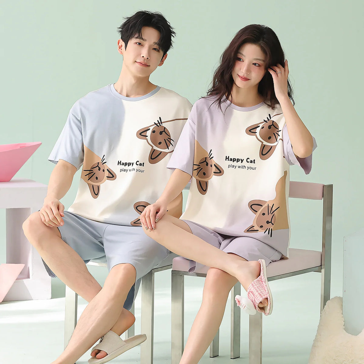 Summer Sleep Lounge Pajama Short-Sleeved Women's Pajama Set Cartoon Pyjamas Pure Cotton Couple Sleepwear Home Fashion