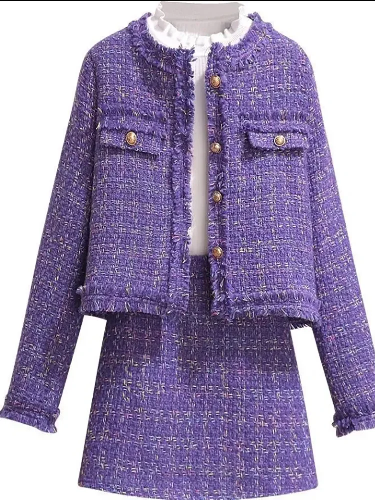 2026 New Spring Autumn Women Purple Tweed Two Piece Set Elegant Fringe