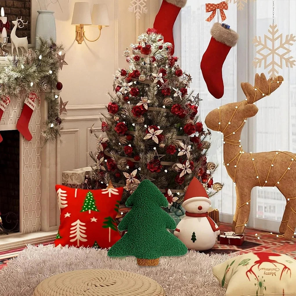 Christmas Tree Plush Pillow 30×25cm – Soft Green Xmas Throw Cushion for Sofa, Bed & Chair, Festive Holiday Home Decor & Gift