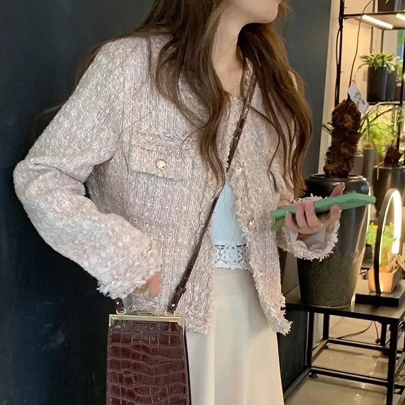 HJLZWB New Fashion Korean Chic Vintage Tweed Woolen Jacket Coat Women
