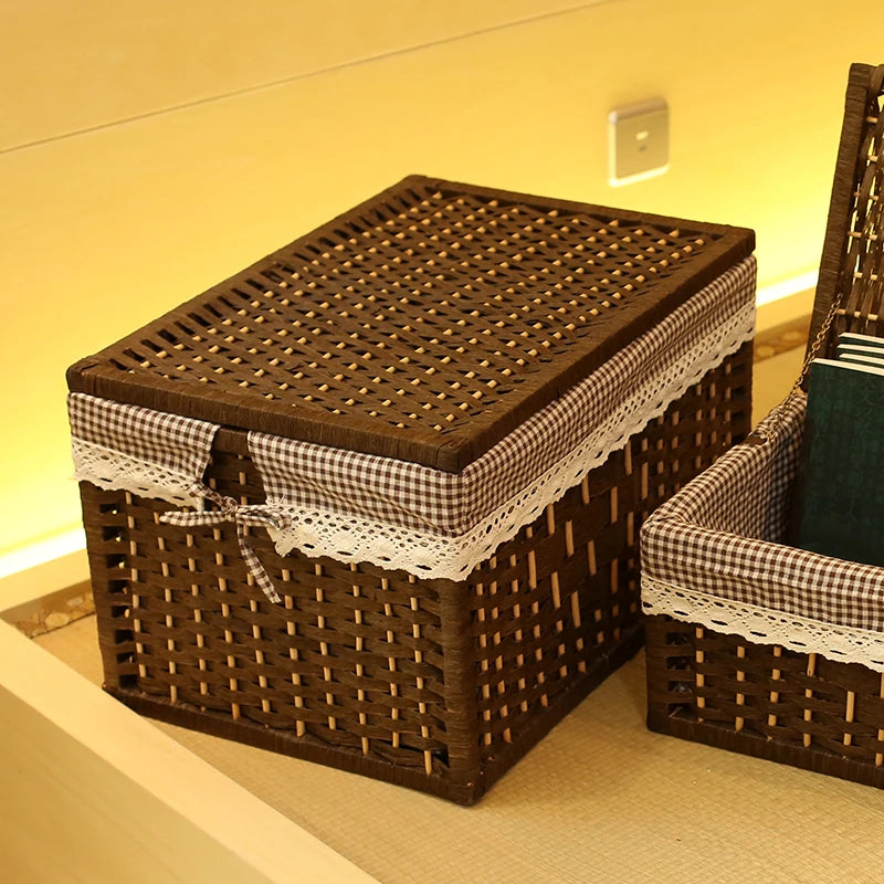 Handmade Woven Rattan Storage Basket with Lid Multipurpose Desktop Organizer Box Rectangular Bamboo Bin for Office Decor