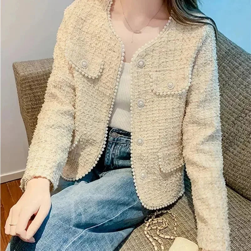 Advanced Women O-Neck Tweed Coat Korean Female Fashion Leisure Short