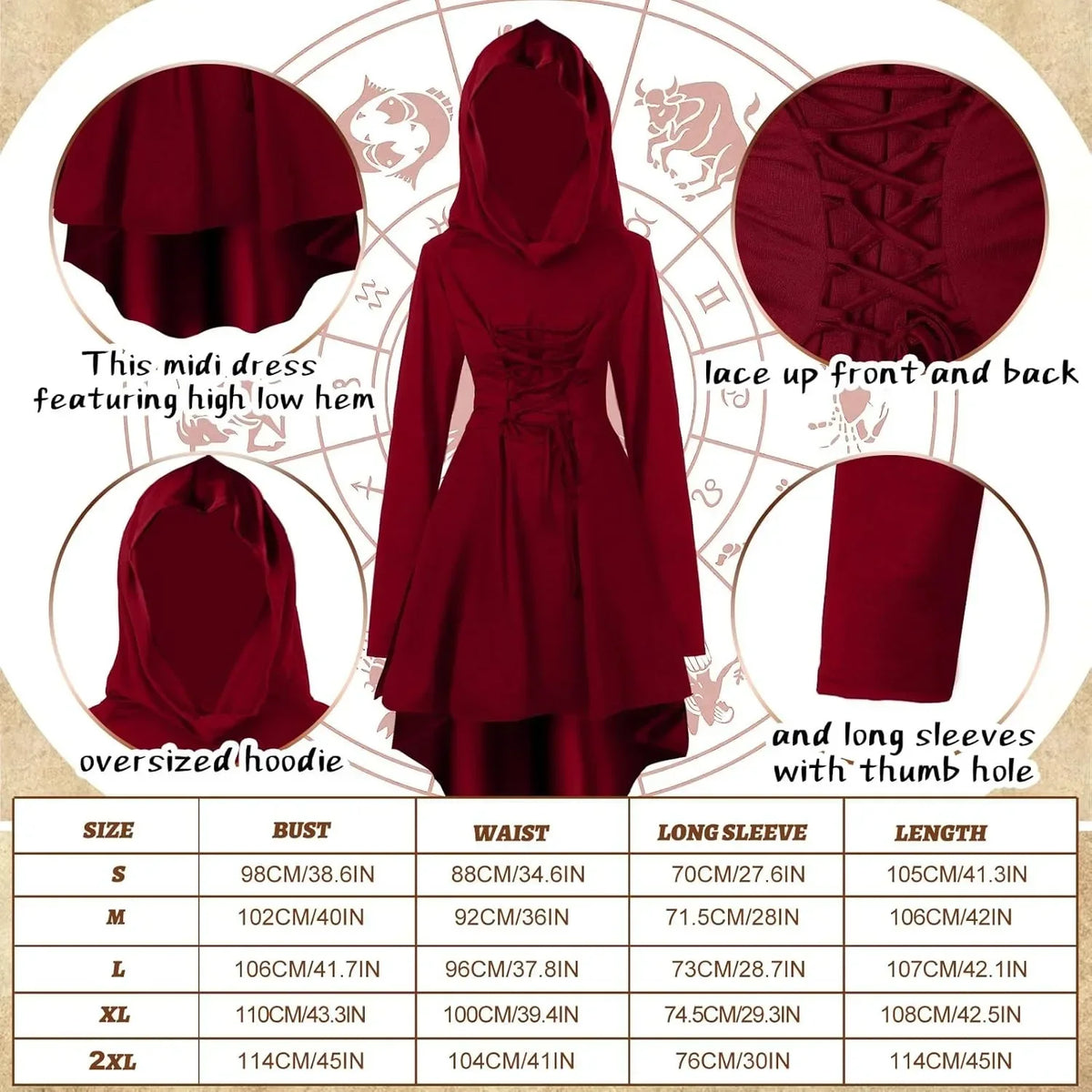 Womens Renaissance Costumes Halloween Costume for Womens Medieval Vintage Hooded Costume High Low Pullover Dress