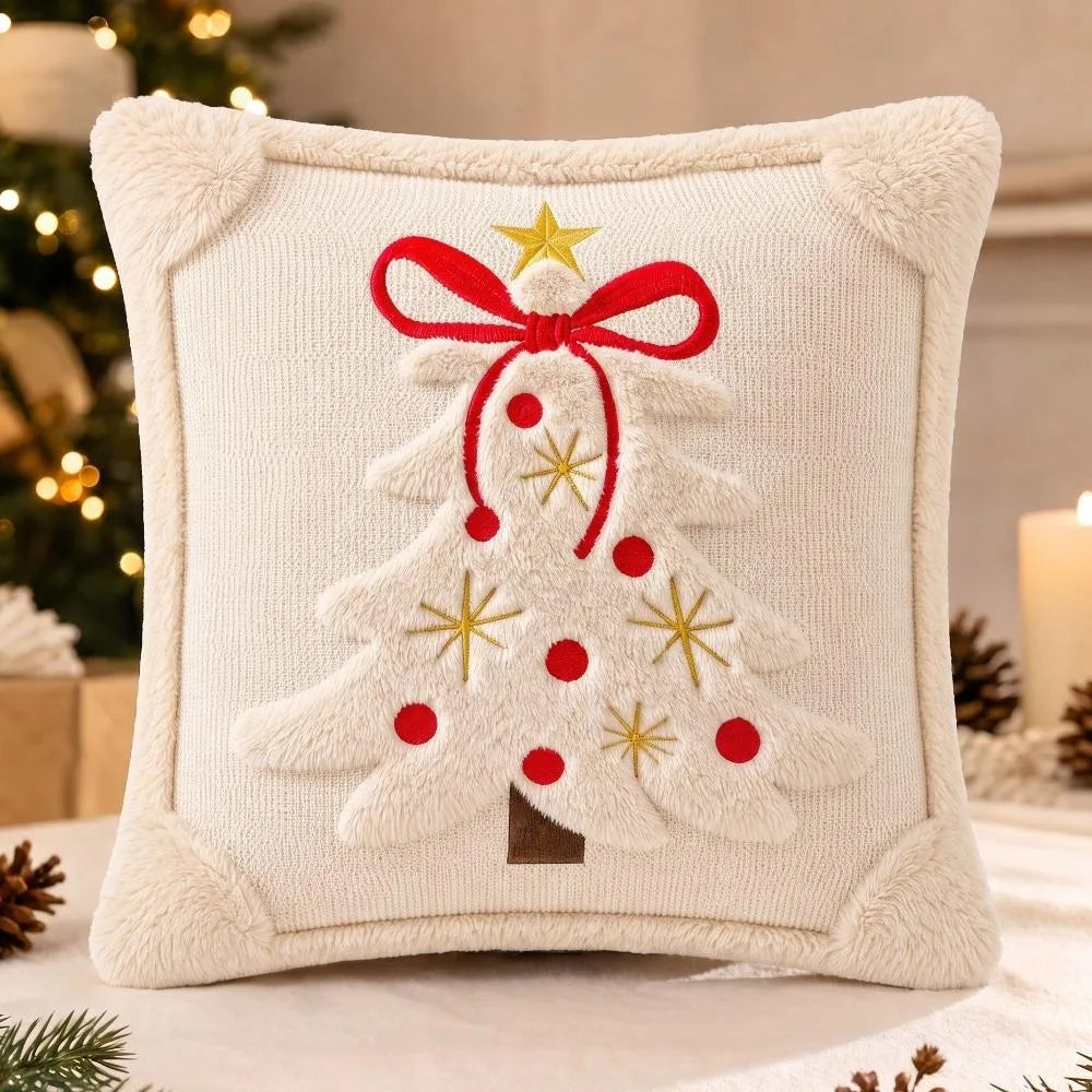Christmas Tree Cushion Covers with 3D Embroidered Bow & Star, Soft Plush Velvet-Style Pillowcases, Festive Holiday Throw Pillow Covers for Sofa, Bed & Home Decor