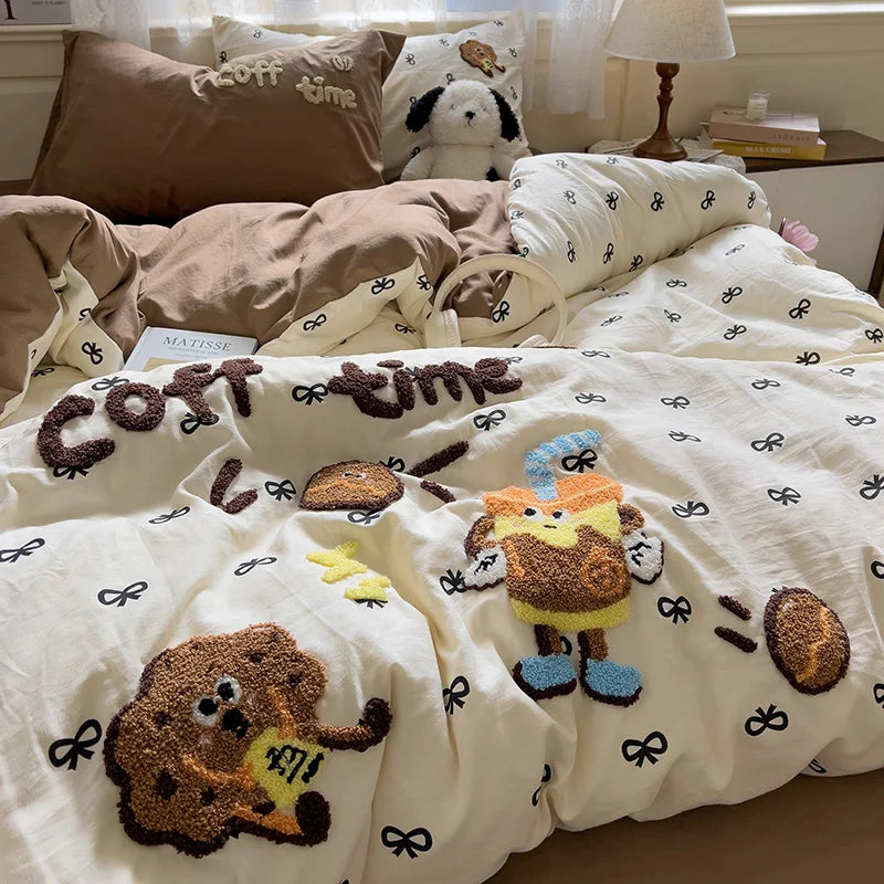 Cute Cartoon Animal Embroidery Bedding Set – 4-Piece Washed Polyester Jacquard Duvet Cover, Flat or Fitted Sheet & Pillowcases