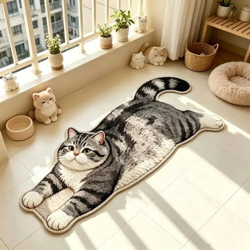 Cat-Shaped Area Rug, Cute Cartoon Crystal Velvet Floor Mat with Suede Backing, Soft Absorbent Decorative Carpet for Bedroom, Living Room, Kids’ Room & Entryway