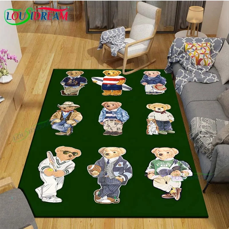 Cute Bear Cartoon Area Rug, 3D Printed Polyester Crystal Velvet Carpet with Non-Woven Backing, Kids Bedroom & Living Room Mat for Playroom, Home & Decor