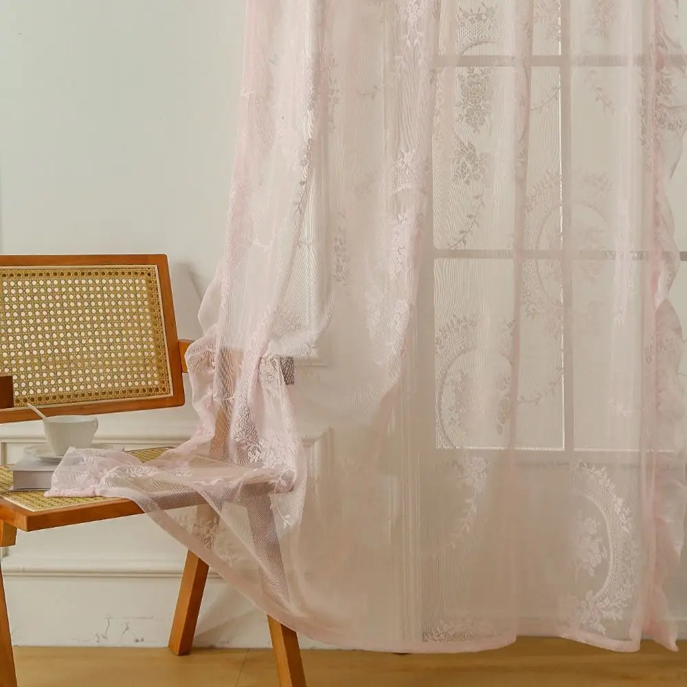 2-Piece French Lace Sheer Curtains, Ruffled Edge Floral Embroidered Polyester Curtains, Rustic Retro European Window Drapes for Bedroom, Living Room & Home Decor