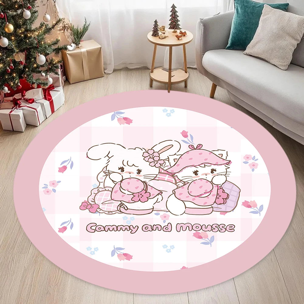 Round Pink Dot Cartoon Cat Rug, Cute Polyester Flannel Floor Mat with Non-Slip PP Backing, Modern Decorative Carpet for Living Room, Bedroom & Home Decor