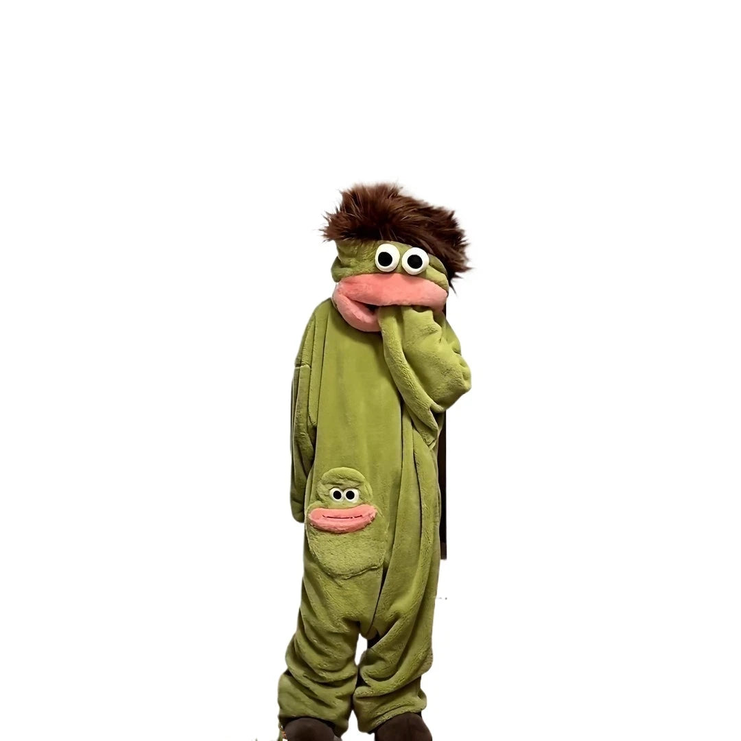 Funny Cute Wide Mouth Fish Cartoon Onesie Pajamas Thick Coral Fleece Couple Homewear Men Women Autumn Warm Loose Sleep Costume