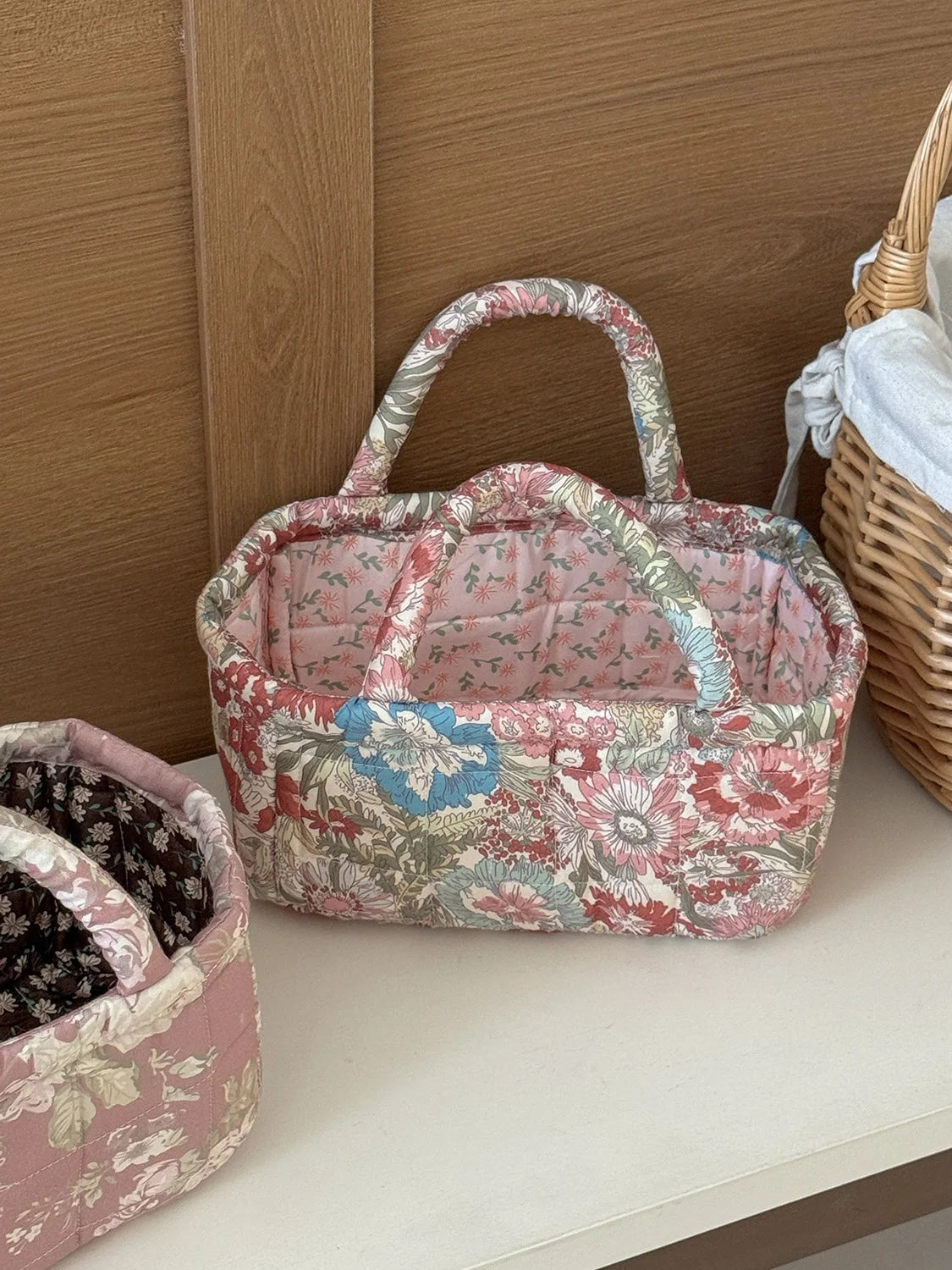 Desktop snack and miscellaneous items organizer basket, quilted fabric home storage basket, large garden series laundry basket