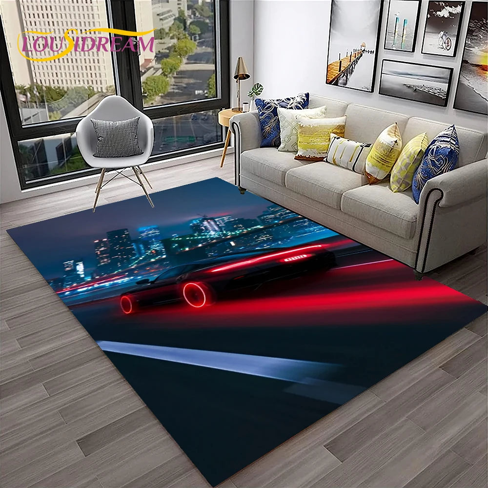 Sports Car Racing Rug, 3D Printed Cartoon Polyester Crystal Velvet Carpet with Non-Woven Backing, Kids Playroom Floor Mat for Bedroom, Living Room & Home Decor