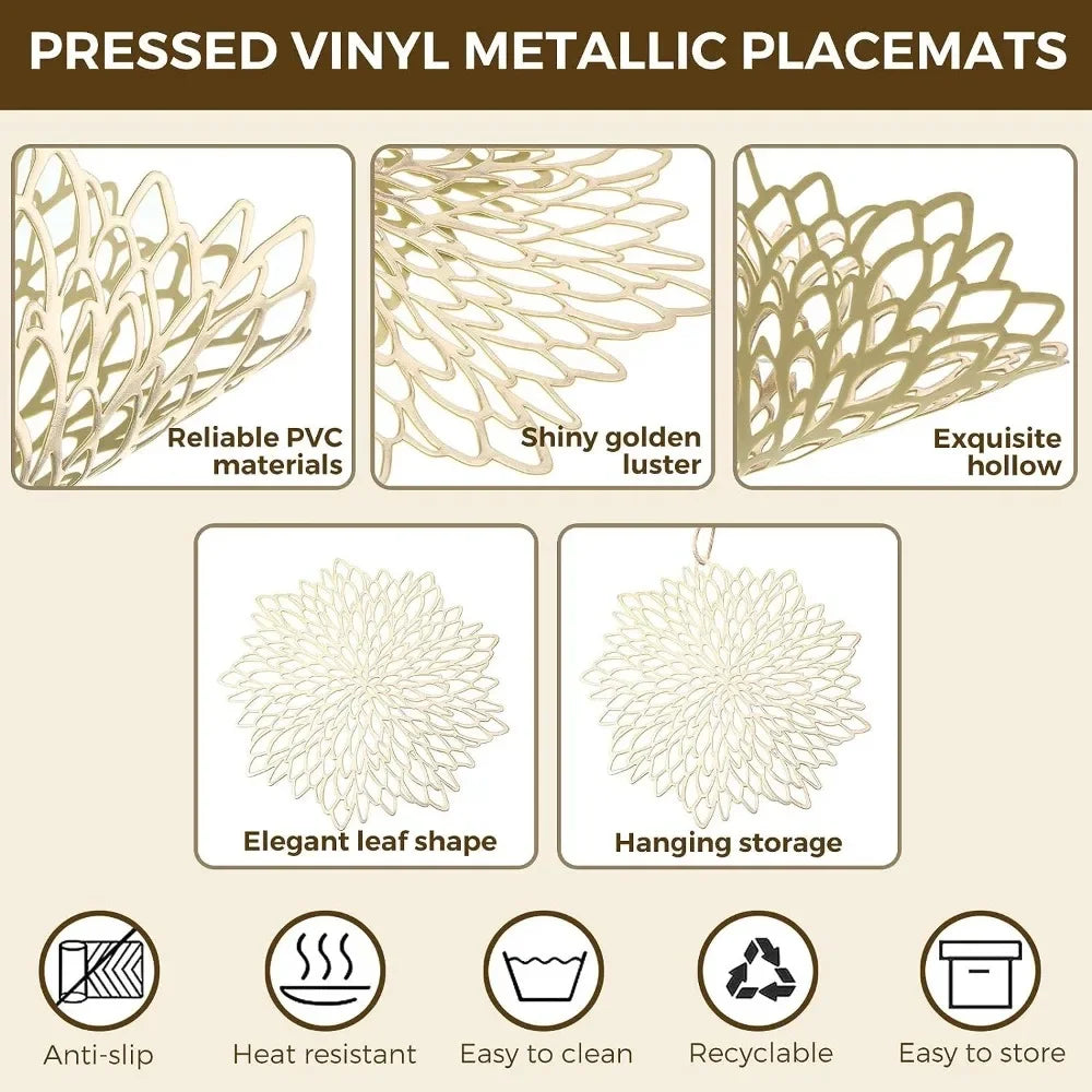 Set of 6 Round PVC Placemats – Wipeable Heat-Resistant Hollow Leaf & Flower Table Mats for Christmas, Thanksgiving, Weddings & Home Dining
