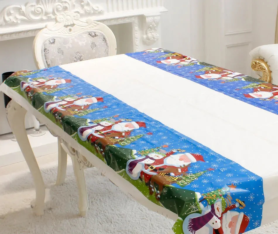 Christmas Rectangular Tablecloth 110×180cm, Disposable PVC Table Cover with Santa, Snowman & Christmas Tree Print, Festive New Year Party Dining Decor for Home & Events