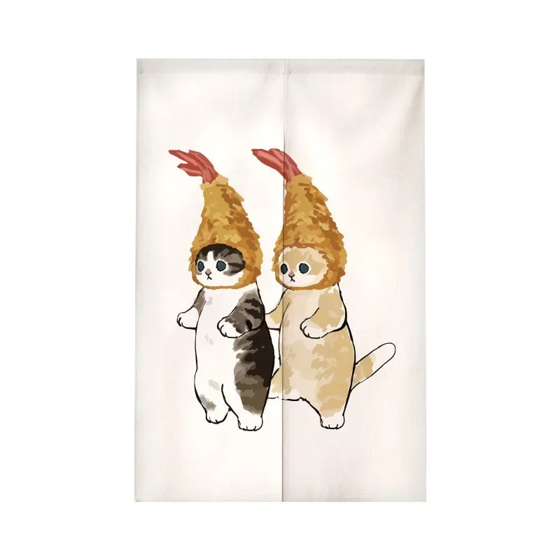 Funny Cat Japanese Noren Door Curtain, Cute Cartoon Hanging Half Curtain for Kitchen, Living Room & Restaurant, Polyester Room Divider for Doorway & Entrance Decor