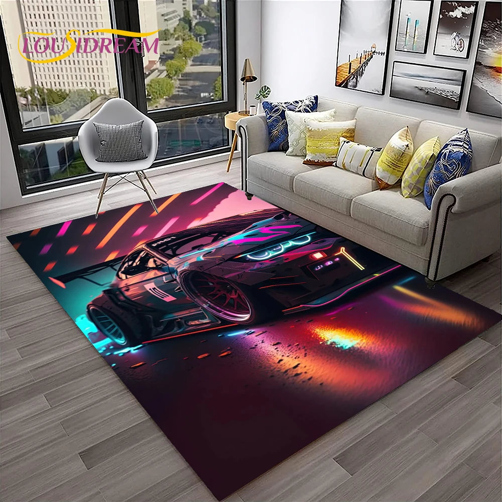 Sports Car Racing Rug, 3D Printed Cartoon Polyester Crystal Velvet Carpet with Non-Woven Backing, Kids Playroom Floor Mat for Bedroom, Living Room & Home Decor