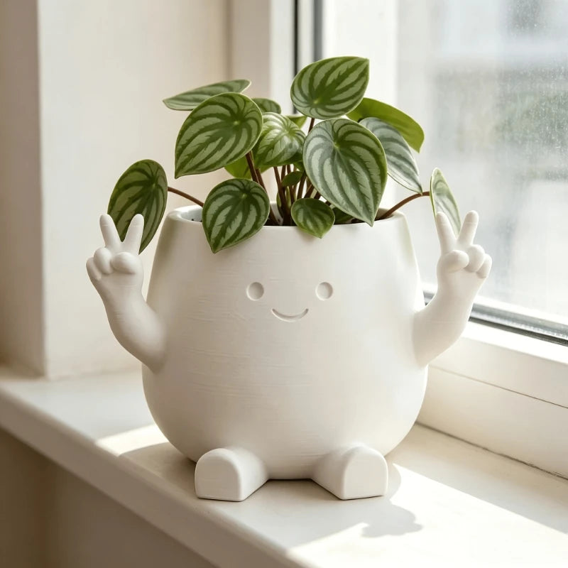 Cute Cartoon Hand Gesture Flower Pot, Character Desktop Planter & Pen Holder, Plastic Succulent Plant Pot for Pennywort, Small Green Plants, Home, Office & Desk Decor