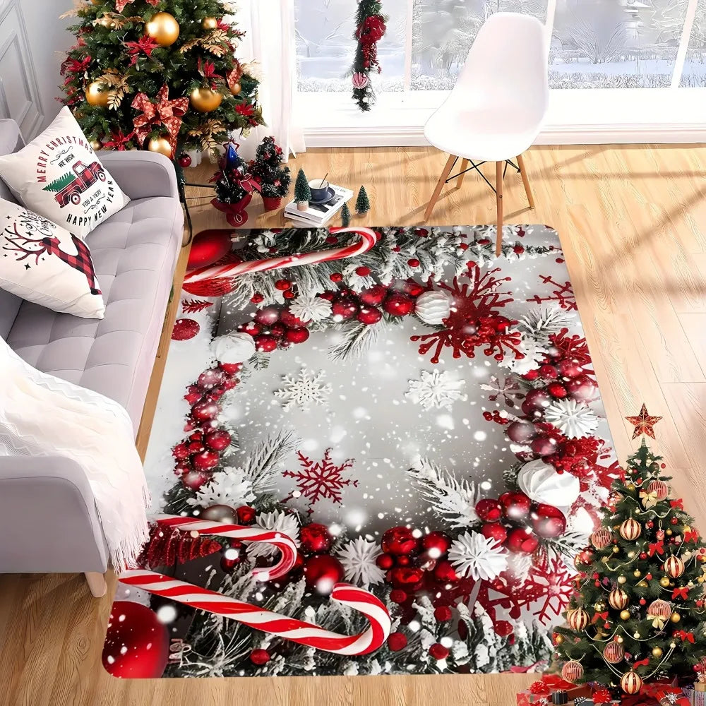 Christmas Decorative Rug, Festive Cartoon Polyester Floor Mat with Suede Backing, Holiday Area Carpet for Living Room, Bedroom, Entryway, Dining Area & Patio