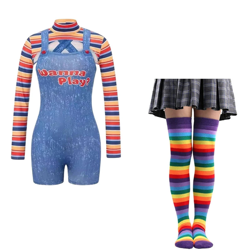 Halloween Costumes for Women Scary Nightmare Killer Doll Wanna Play Movie Character Chucky Doll Costume With Stockings