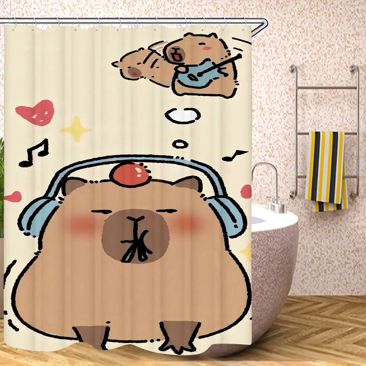 Cute Capybara Shower Curtain, Funny Cartoon Waterproof Bathroom Curtain with Plastic Hooks, 100% Polyester Mildew-Resistant Curtain for Modern Bathroom Decor
