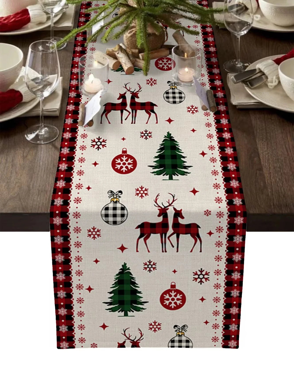 Christmas Plaid Table Runner with Snowflake & Ornament Design, Merry Christmas Holiday Table Decor, Festive Polyester Dining Table Accent for Home, Party & Winter Decor