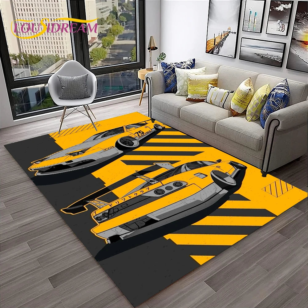 Sports Car Racing Rug, 3D Printed Cartoon Polyester Crystal Velvet Carpet with Non-Woven Backing, Kids Playroom Floor Mat for Bedroom, Living Room & Home Decor