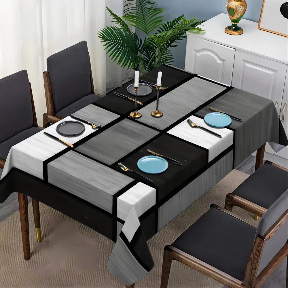 Black & White Geometric Print Tablecloth, Reusable 100% Polyester Dining Table Cover, Modern Rectangular & Square Table Linen for Wedding, Party, Christmas & Home Decor