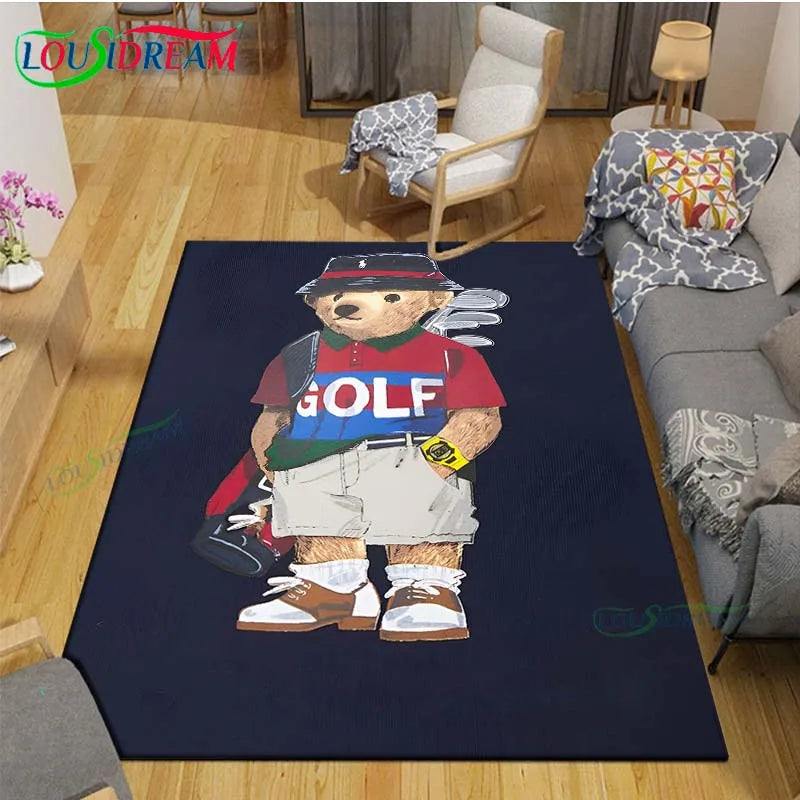 Cute Bear Cartoon Area Rug, 3D Printed Polyester Crystal Velvet Carpet with Non-Woven Backing, Kids Bedroom & Living Room Mat for Playroom, Home & Decor