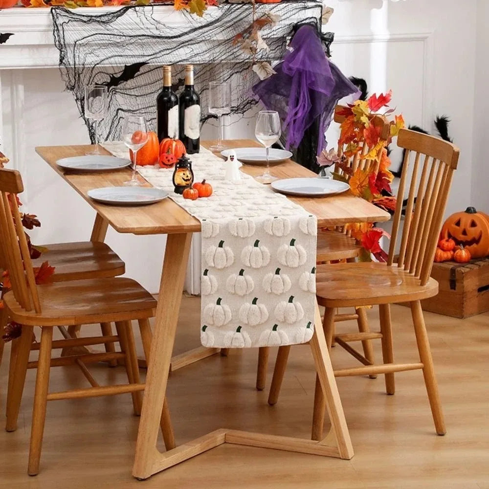 Halloween Pumpkin Table Runner 33×183cm, Soft 3D Tufted Polyester Table Cover, Rectangular Fall Dining Table Decor for Halloween Party, Kitchen & Home