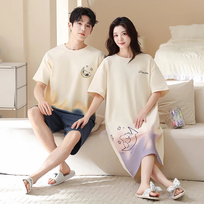Newest Couple Pajamas Set Summer Short Sleeve Sleepwear 100% Cotton Men and Women Cute Cartoon Pijamas Women Nightgown