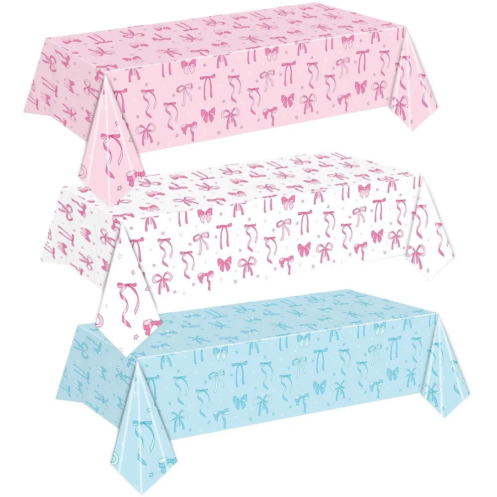 Cute Bow Birthday Tablecloth 137×274cm, Disposable Waterproof Plastic Table Cover for Birthday Party, Baby Shower, Wedding & Celebration Dining Table Decor